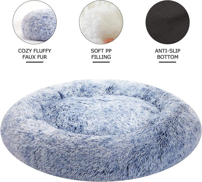 Bedfolks Calming Donut Dog Bed - 36 Inch Round Plush Beds for Large Dogs, Anti-Anxiety Machine Washable (Navy Blue, Large)