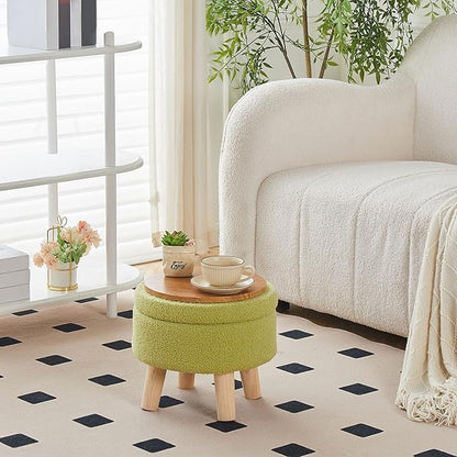 Wimarsbon Storage Ottoman, Modern Round Footrest with Soft Padded Seat, Teddy Velvet Footstool with Wood Legs, Accent Small Table or Plant Stand for Hallway, Living Room (Brilliant Green)