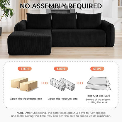 103'' Boneless Corduroy L Shaped Couch, 3 Seat Modular Sectional Deep Seat Sofa with Chaise Lounge, No Assembly Cloud Lounge Sleeper Sofa, Black