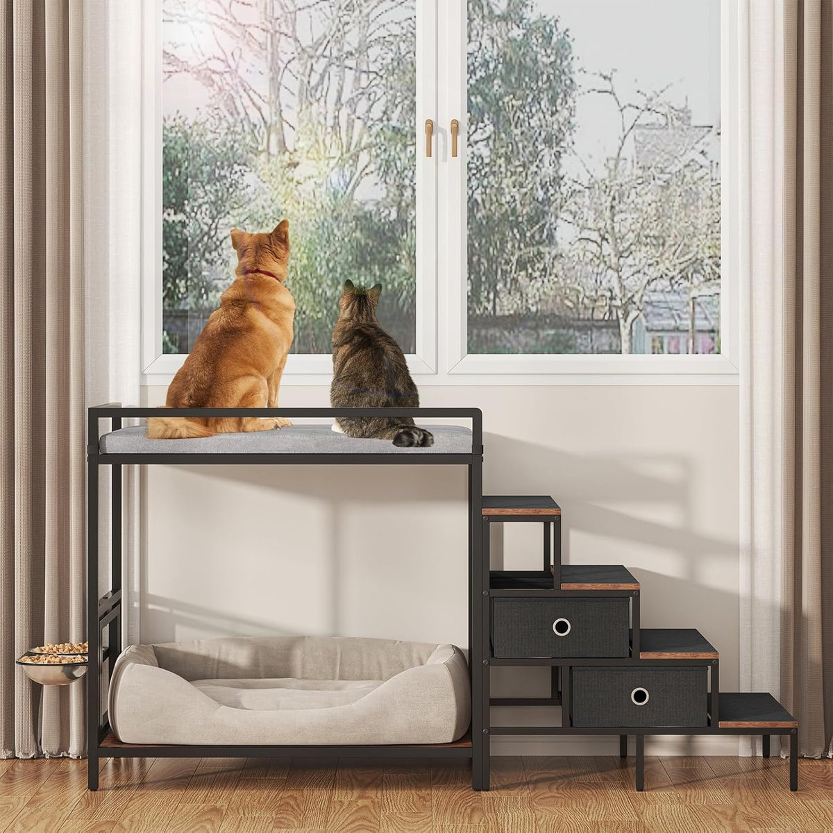 Dog Window Perch with 360° & Adjustable Raised Feeder, Pet Bunk Bed with Removable Stair and 2 Drawers, Elevated Platform Bed, Pet Elevated Seat with Cushion, Paw-Friendly Ladder
