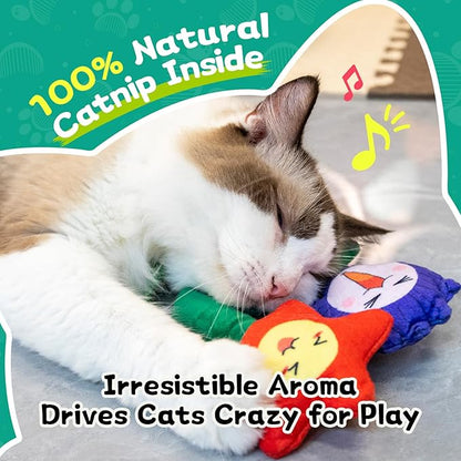 Catnip Toys for Indoor Cats - 3 Pack Kitten Toys with Bell & Crinkle Paper, Soft Plush Cat Kicker & Chew Toy for Bored Cats