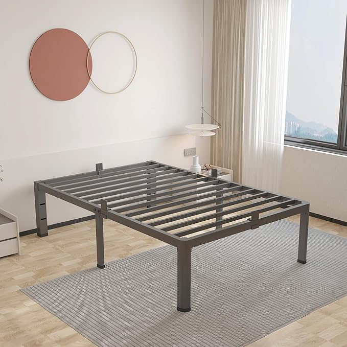 ROIL 16 Inch Twin Bed Frame with Rounded Corner and Headboard Hole Mattress Retainers 3500LBS Metal Heavy Duty Steel Slats No Box Spring Needed Platform Noise-Free Easy Assembly
