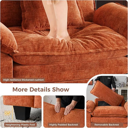 HUSFU Oversized Accent Chair with Ottoman, Chenille Cloud Couch Chair with Deep Seat and Extra Wide Armrests, Comfy Reading Armchair for Bedroom, Living Room, Terracotta Orange
