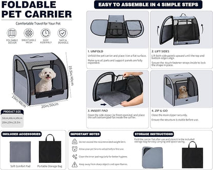 Dog Car Crate, Enclosed Foldable Cat Car Seat Carrier, 20x19x19.5in, Gray | Portable Dog Cat Carrier with Seatbelt Attachment & Headrest Strap, Soft-sided Pet Kennel with Bed for Pet Travel up to 25 lb