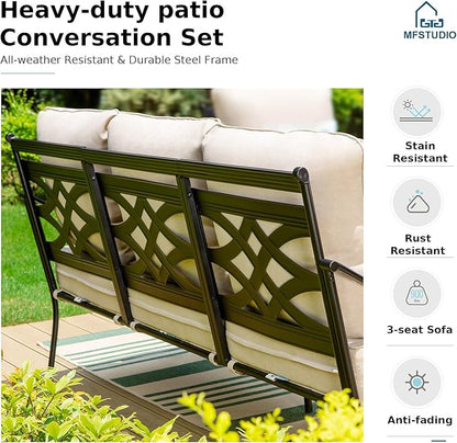 MFSTUDIO 5 Seats Large Metal Patio Conversation Sets, 4 Pieces Outdoor Sectional Furniture Sofa with 2 x Motion Chairs, 1 x 3-seat Sofa and 1 x 45 inches Rectangular Propane Fire Pit Table