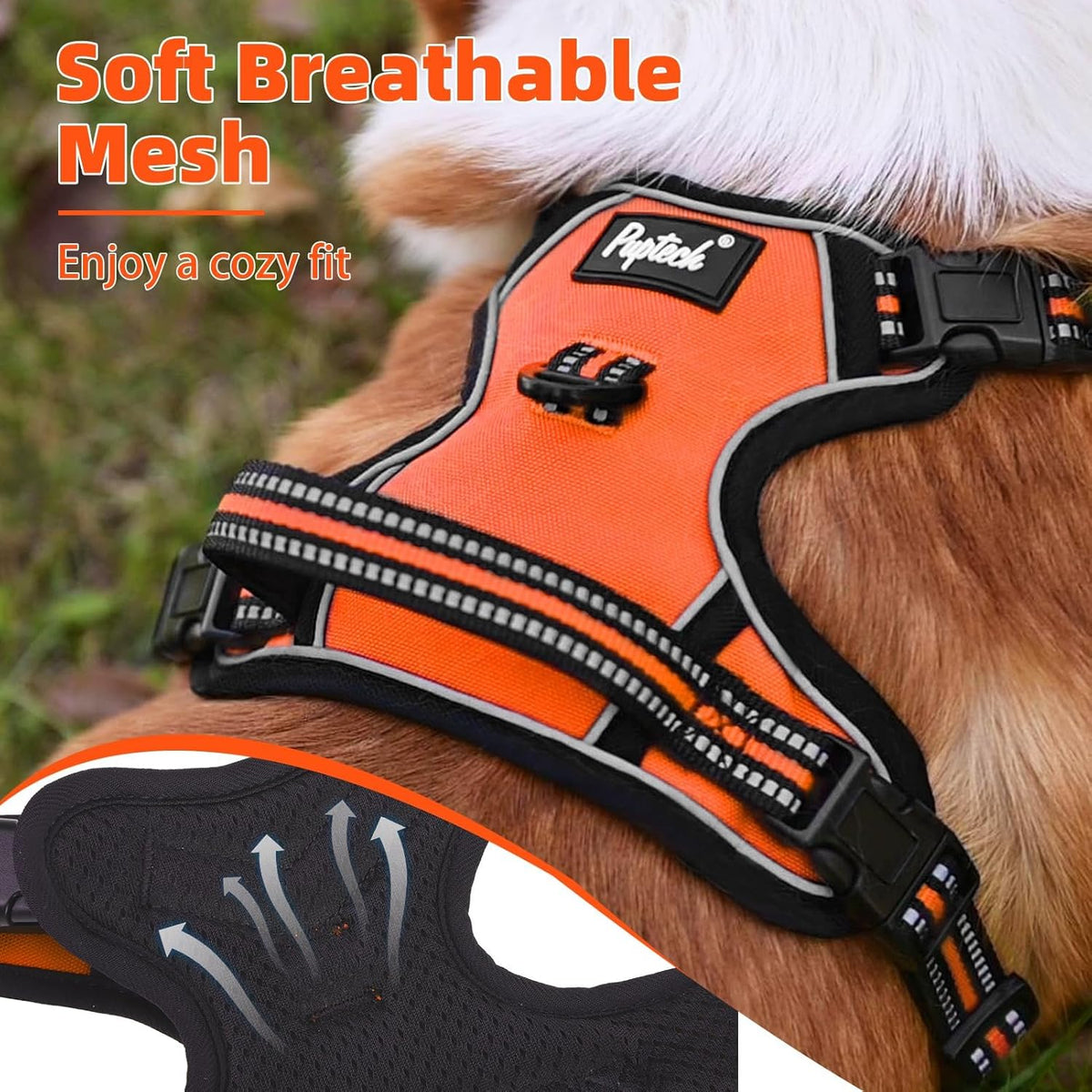 PUPTECK No Pull Dog Harness Small Sized, Adjustable Reflective Dog Harness with Handle Easy Control, Comfortable Soft Padded Pet Vest Harness for Small Dogs, Orange S