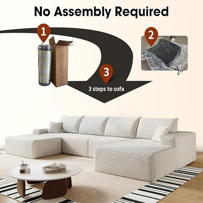 136" Sectional Couches for Living Room Modern Modular Sofa with L-Shape Couchs Upholstered Boneless Couch Deep Seat Sectional Couch with Chaise (White, Right Facing Chaise+3Seaters+Ottoman)