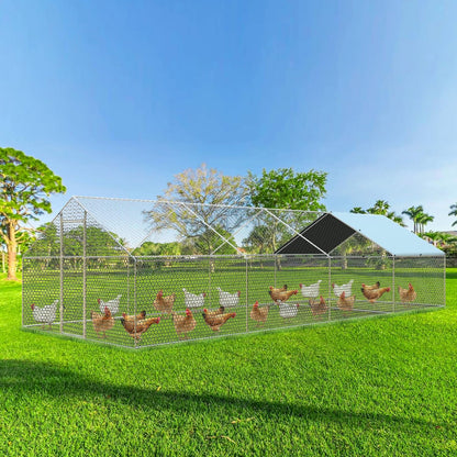 4ever2buy Large Metal Chicken Coop with Run Walk-in Poultry Cage Chicken Runs House Pen Cage Spire Roofed Chicken Coops with Anti-Ultraviolet Cover for Outdoor Backyard Farm Use 9.5’Lx24.9’Wx6.4’H