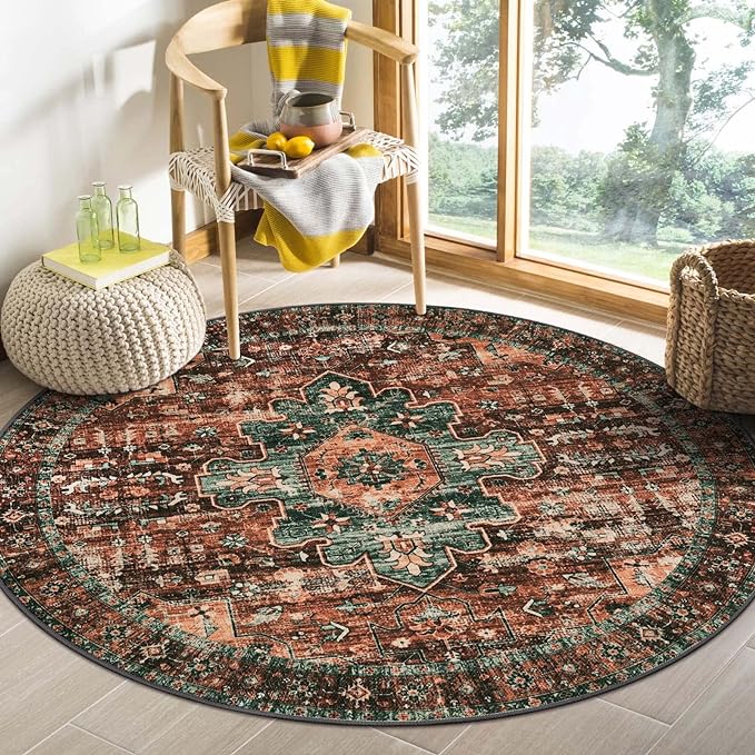 Moynesa Ultra-Thin Washable Round Rug - 4Ft Round Area Rugs for Bedroom Brown Bathroom Circle Mat, Non Slip Non Shedding Low Pile Indoor Floor Carpet for Living Room Coffee Table Kitchen, Brown