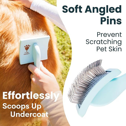 Pet Slicker Brush With Soft Massage Grooming Stainless Steel Pins - For Dematting, Shedding Fur, and Undercoat - Ideal Gift for Professional Pet Groomers - Long Slicker Brush (Blue, Curved Large)