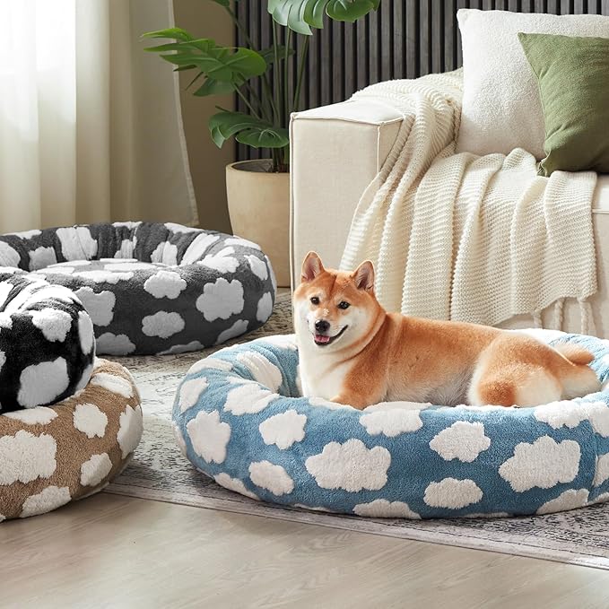 JOEJOY Jacquard Donut Round Dog Beds Medium Sized Dog,Brown 30x30x8in, Removable Washable Cover, Cute Pattern, Ultra Soft Fluffy Calming Pet Bed with Thick Supportive Bolster