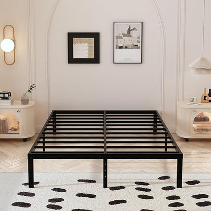14 Inch King Size Bed Frame with White Fabric Cover, Heavy Duty King Platform Bed Frame Support Up to 3000 lbs, No Box Spring Needed, Easy Assembly, Noise Free, Black