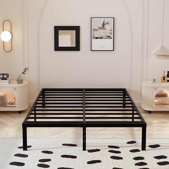 14 Inch Full Bed Frame with White Fabric Cover, Heavy Duty Metal Bed Frame Full, No Box Spring Needed, Support Up to 3000 lbs, Easy Assembly, Noise Free, Black