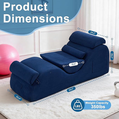 DRMBOOK Yoga Chairs for Adults, Corduroy Fabric Chaise Lounge with Headrest, Boneless Yoga Sofa Couch with Waist Cushion, Movable Footrest, Side Pockets for Relaxation Exercise Stretching (Blue)