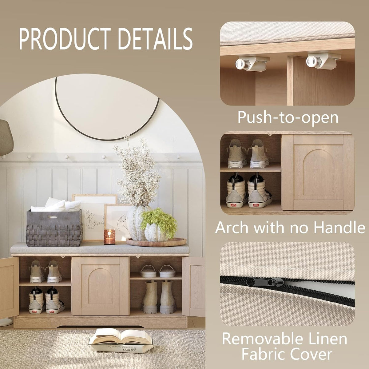 DINZI LVJ Shoe Bench, Entryway Storage Bench with Doors, Cushion, 2-Tier Shoe Rack with 6-Cubby, 39.4”L x 13.8”W Shoe Organizer Cabinet, Adjustable Shelf, Living Room, Bedroom, Natural