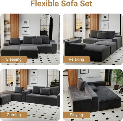 KAPEETOO Modular Sectional Sofa Cloud Couch with Left Chaise Longue, U Shaped Boneless Couch with Ottoman Deep Seat, Oversize 3-Seater Boneless Sofa Set for Living Room Bedroom (Grey)
