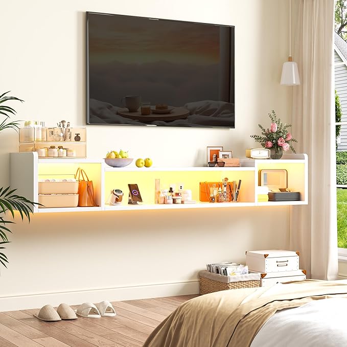 70.9"W Floating TV Stand with LED Lights & Power Outlets