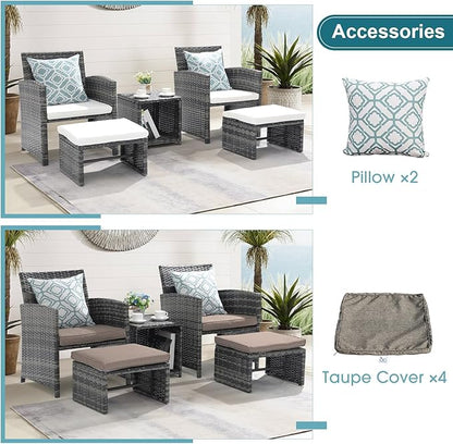 OC Orange-Casual 5 Piece Patio Furniture Set, Wicker Outdoor Conversation Chair and Ottoman Set with Coffee Table, Pillows Included, for Balcony, Porch, Deck, White