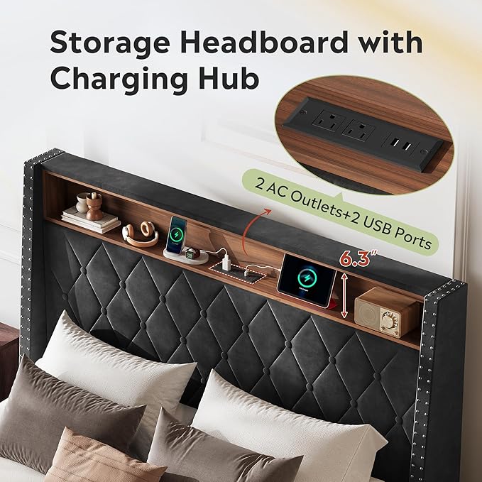 WLIVE Queen Size Upholstered Bed Frame with Storage Headboard, Velvet Square Tufted Platform Bed with Charging Station, Sturdy Metal & Wooden Slats Support, No Box Spring Needed, Black
