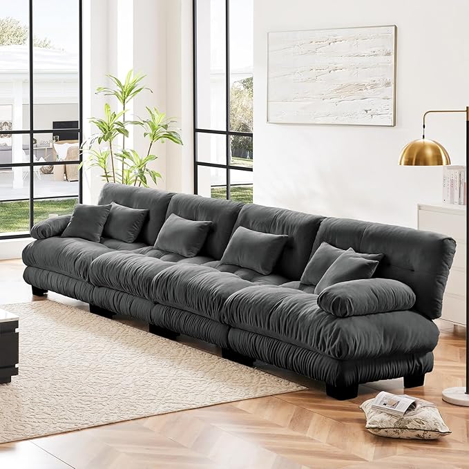 173.2" Oversized Couch, 4 Seater Modular Sectional Sofa, Grey Sectional Fluffy Couch Set, Chenille Cloud Couches with 6 Pillows, Deep Seat Sofas for Living Room