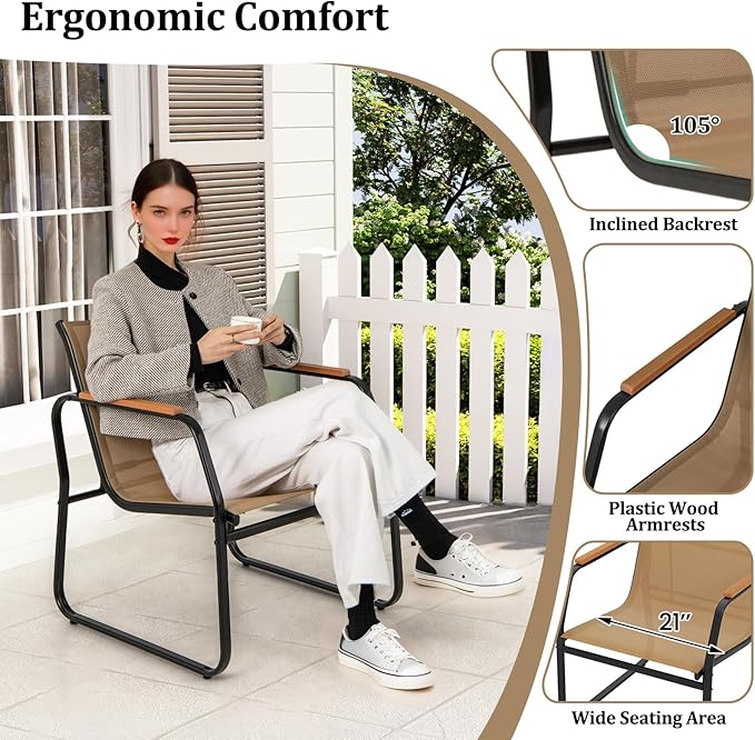 Tangkula 3 Pieces Patio Furniture Set, Outdoor Bistro Conversation Set with Breathable Mesh Fabric and Metal Frame, Front Porch Table and Chairs Set for Balcony, Garden, Lawn and Backyard (Brown)