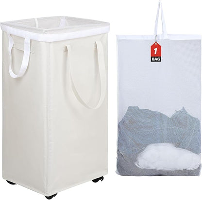 DOKEHOM 90L X-Large Laundry Basket with Removable Wash Bag on Wheels, Collapsible Rolling Laundry Hamper, Foldable Clothes Organizer, Folding Washing Bin (Beige)