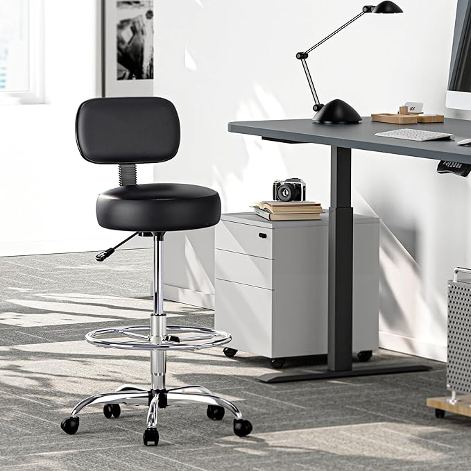 SUPERJARE Drafting Chair with Back, Adjustable Foot Rest Rolling Stool, Multi-Purpose Office Desk Chair, Thick Seat Cushion for Home Bar Kitchen Shop - Black