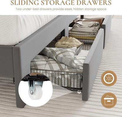 SHA CERLIN Velvet King Size Bed Frame with Vertical Channel Tufted Wingback Headboard & 2 Storage Drawers/2-Tier Shelves with LED Lights & Charging Station/Noise-Free/No Box Spring Needed/Light Grey