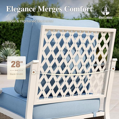 HERA'S HOUSE Patio Furniture Set with Metal & Rattan Design 4-Piece, 2 Rocking Chairs, 2-Seat Lover Sofa & Marble Coffee Table, All-Weather Outdoor Conversation Set for Garden Backyard Lawn, Blue