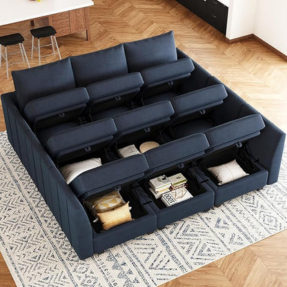 Belffin Large Modular Sectional Sofa Sleeper Couch with Storage Velvet Sectional Sofa Bed for Living Room, 9 Seats, Blue