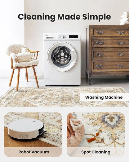 AMADA HOMEFURNISHING 4ft Round Area Rug, Low-Profile Washable 4x4 Rugs with Non-Slip Backing & Durable Edge Binding, Vintage Rug for Kitchen, Bedroom & Hallway, Beige