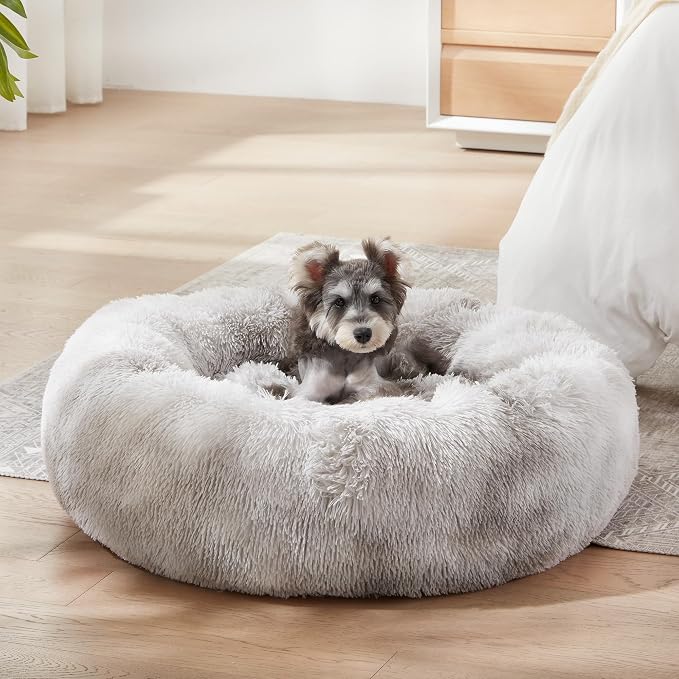 Western Home Calming Donut Medium Dog Bed Washable Pet Bed,30" White Grey | Fluffy Faux Fur Round Cuddler,Anti-Anxiety,Anti-Slip Bottom,Plush Pet Dog Beds for Medium Sized Dogs,Up to 45 LBS