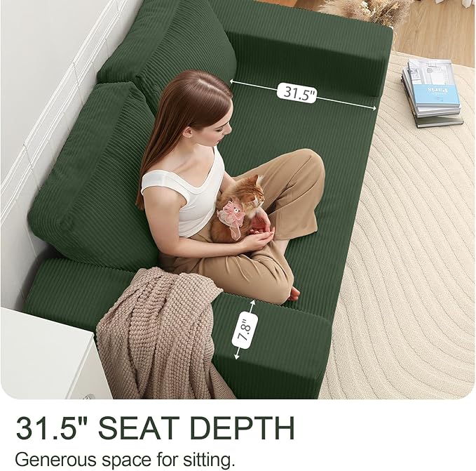 COMAX Convertible Sofa Bed Queen, Folding Fold Out Couch Bed, Floor Futon Couch Corduroy Sleeper Mattress with Back Pillows, Boneless Sofa Comfy Lounge Loveseat for Living Room Bedroom, Green