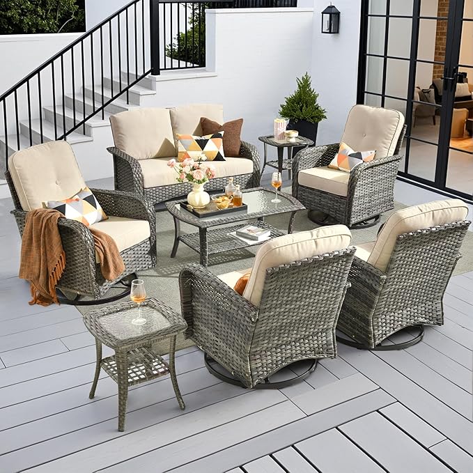 8-Piece Wicker Patio Furniture Set, All-Weather Rattan Conversation Bistro Loveseat Chair and Patio Rockers Set for Backyard, Balcony and Deck with Soft Cushions and Metal Table(Beige)