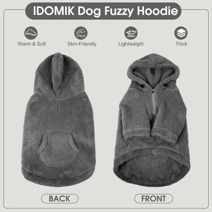 IDOMIK Fuzzy Dog Sweater with Adjustable Hood, Warm Fleece Dog Sweater Hoodie with Harness Hole & Pocket, Pullover Sweaters for Small Dogs, Fuzzy Hooded Sweatshirt for Fall Winter Christmas,Grey,XS