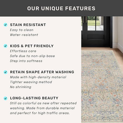 Beige Blue Washable Rugs for Living Room - 4x8 Vintage Boho Eclectic Pastel, Washable Low Pile Non Slip Area Rug for Bedroom Beside Bed, Door Mat Indoor Entrance, Kitchen, Home Floor Decor