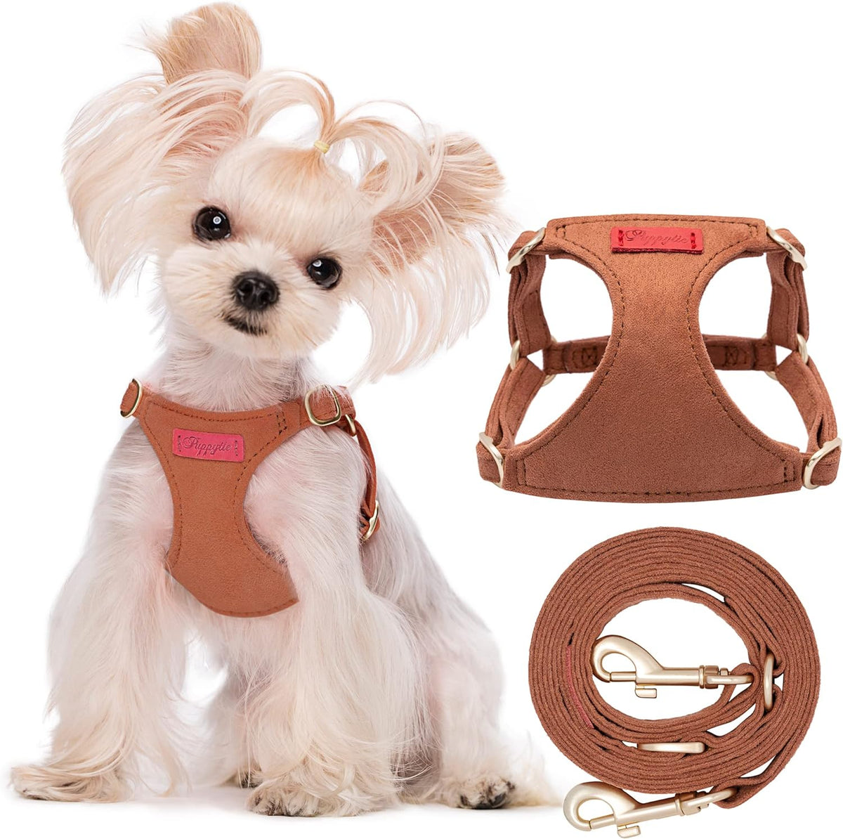 Puppytie No Pull XXS Puppy Harness with Multifunction Dog Leash,Soft Adjustable No Choke Escape Proof Pet Harness Vest,Brown Caramel,XXS
