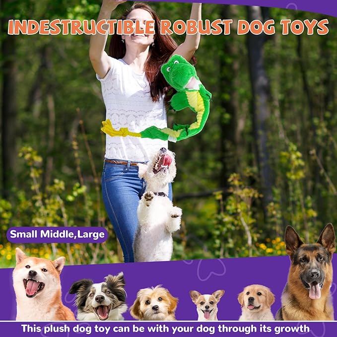 Crinkle Dog Toys Squeaky Plush No Stuffing Cute Puppy Stuffless Tough Rop Pull Toy, Fun Dog Stuffed Animals Durable Chew Set for Small Medium Large Pup (Large, Alligators)