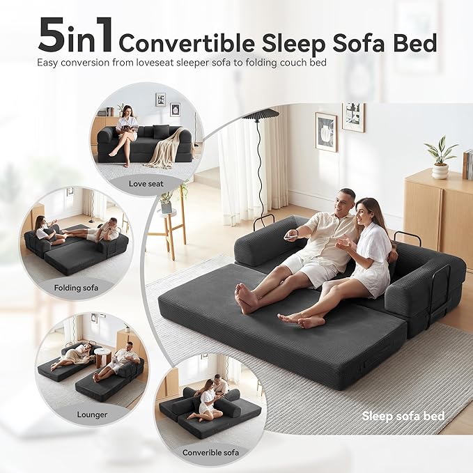 Convertible Sleeper Sofa Bed with Cylindrical Pillow, Comfy Foldable Sofa Bed Compressed Sofa in Box, Floor Sofa Lounge Couch for Living Room Bedroom Lounge Studio, Tool-Free Assembly (Black)