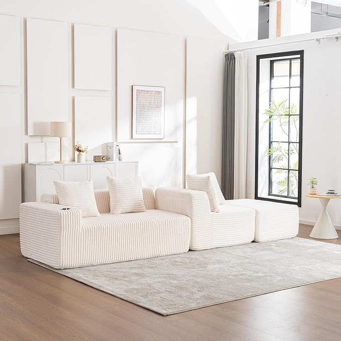 106" Modular Sectional Sofa, Modern Cloud L-Shape Couch with Ottoman Chaise, Comfy Deep Seat Chenille Boneless Couches for Living Room, No Assembly Required, Beige