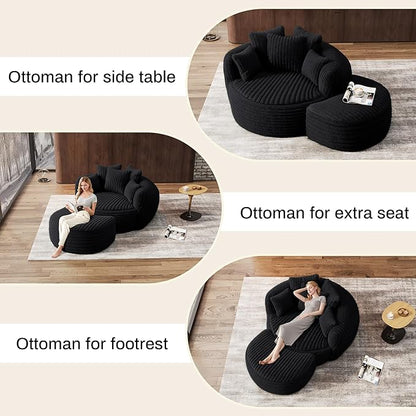 Oversized Chaise Lounge Chair Indoor with Ottoman 50.5" W x 67.0" D Round Soft Corduroy Comfy Oversized Reading Chair with 5 Pillows for Living, Reading Room - Black