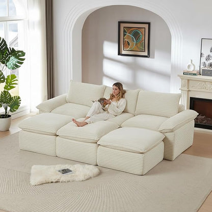 111" Cloud Sectional Couch, Corduroy Sectional Sofa with Ottoman, Boneless Couch with Deep Seat in a Box for Living Room, No Assembly Required (White)