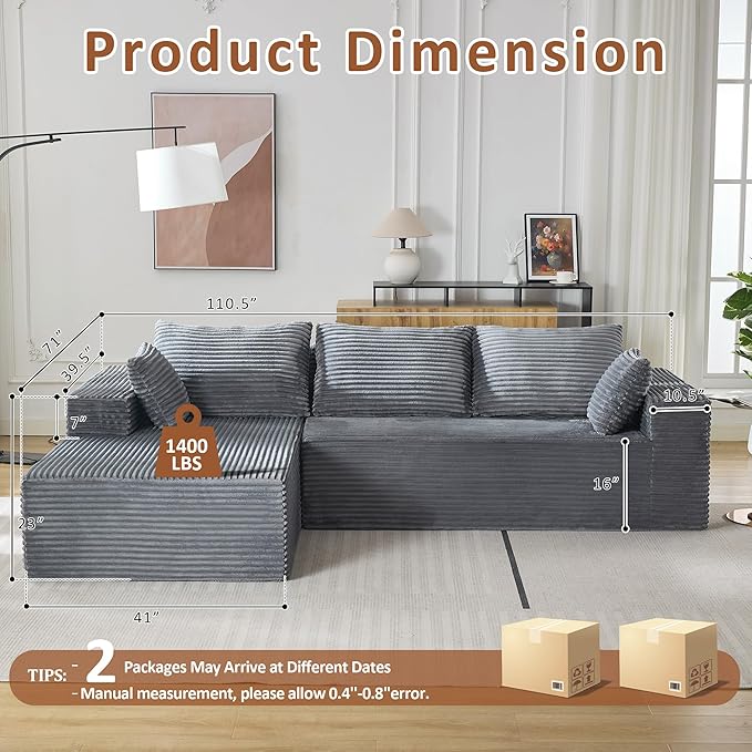 110" Boneless Sectional Couch with Chaise Lounge, Cloud Couch Compressed Sofa L Shape, No Assembly Memory Foam Sofa for Living Room, Grey Corduroy