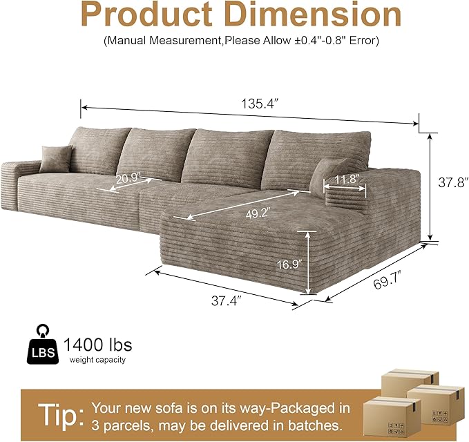 136" Sectional Couches for Living Room Modern Modular Sofa with L-Shape Couchs Upholstered Boneless Couch Deep Seat Sectional Couch with Chaise (Camel, Right Facing Chaise+3Seaters)