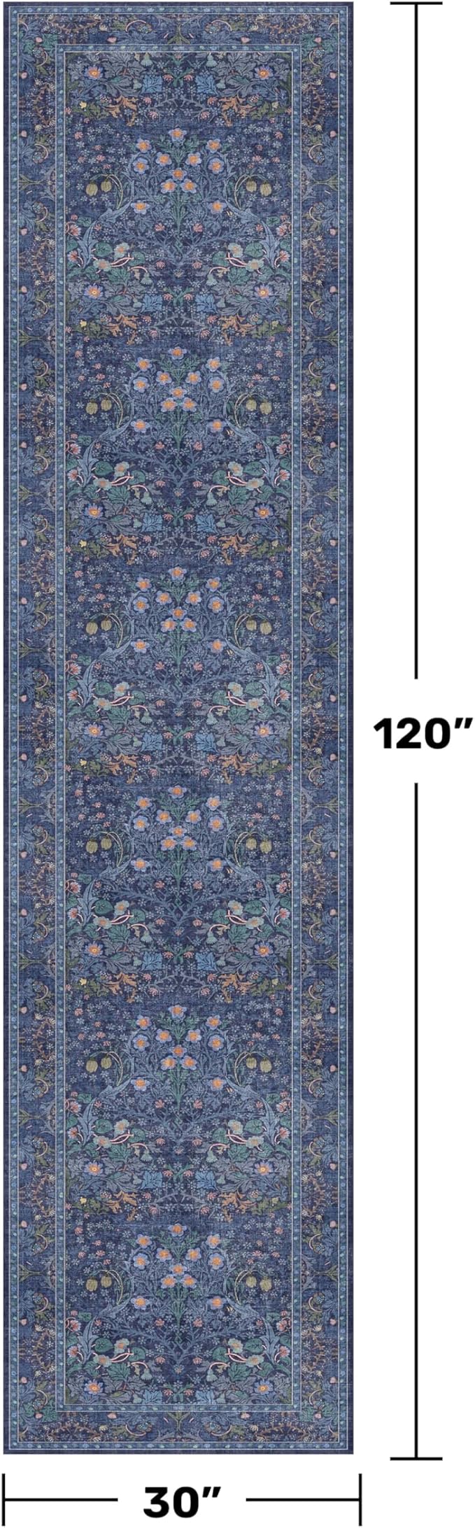 Dark Blue 2'6" x 10' Long Runner Rugs for Hallway, Oriental Floral Washable Non Slip Rug for Kitchen, Entryway Stain Resistant - Vintage Navy Blue Geometric Floral Décor