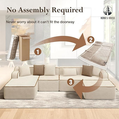 HERA'S HOUSE 134" Cloud Sectional Couch, U-Shaped Modular Upholstered Sofa with Ottoman, Corduroy Boneless Couches with Wide Armrest and 6 Throw Pillows for Living Room, No Assembly Required, Beige