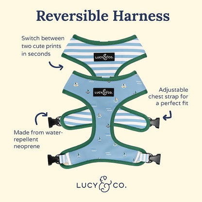Lucy & Co. Reversible Dog Harness - Water-Repellent Neoprene, Dual-Print Design, Easy Swap Style, Adjustable Comfort Fit - Set Sail Reversible Harness - Small