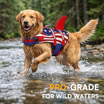 Shark Dog Life Vest for Swimming, Pet Life Vests for Boating, High Buoyant DogLife Jacket, Ripstop High Flotation Swimsui for Small, Medium, Large Dogs (USA Flag,XS)