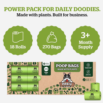 Pogi's Compostable Poop Bags – Leak-Proof, Extra-Large, Made with Plants – 18 Rolls (270 Bags)