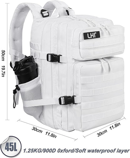 LHI Military Tactical Backpack for Men and Women 45L Army 3 Days Assault Pack Bag Large Rucksack with Molle System - White